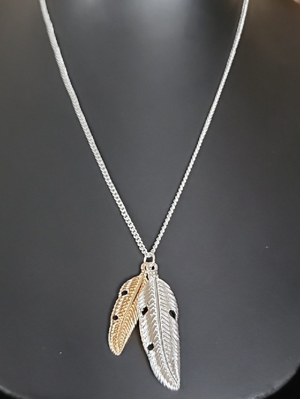 H&M Two-Feather Pendant Necklace - Gold & Silver Tones